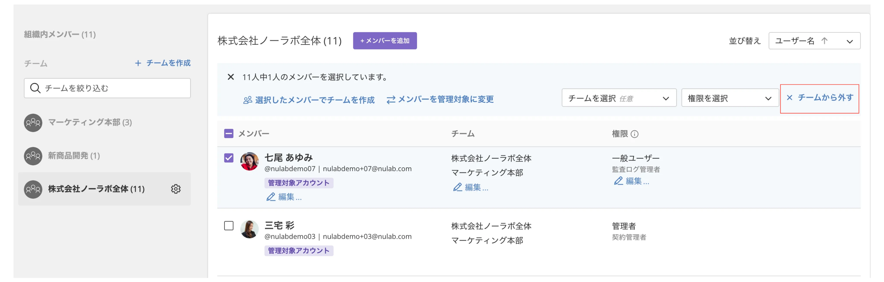 組織設定で、「(組織名)全体」チームのメンバー一覧が表示されている状態のスクリーンショット。メンバーの1人にチェックが入っており、「チームから外す」が強調されている。