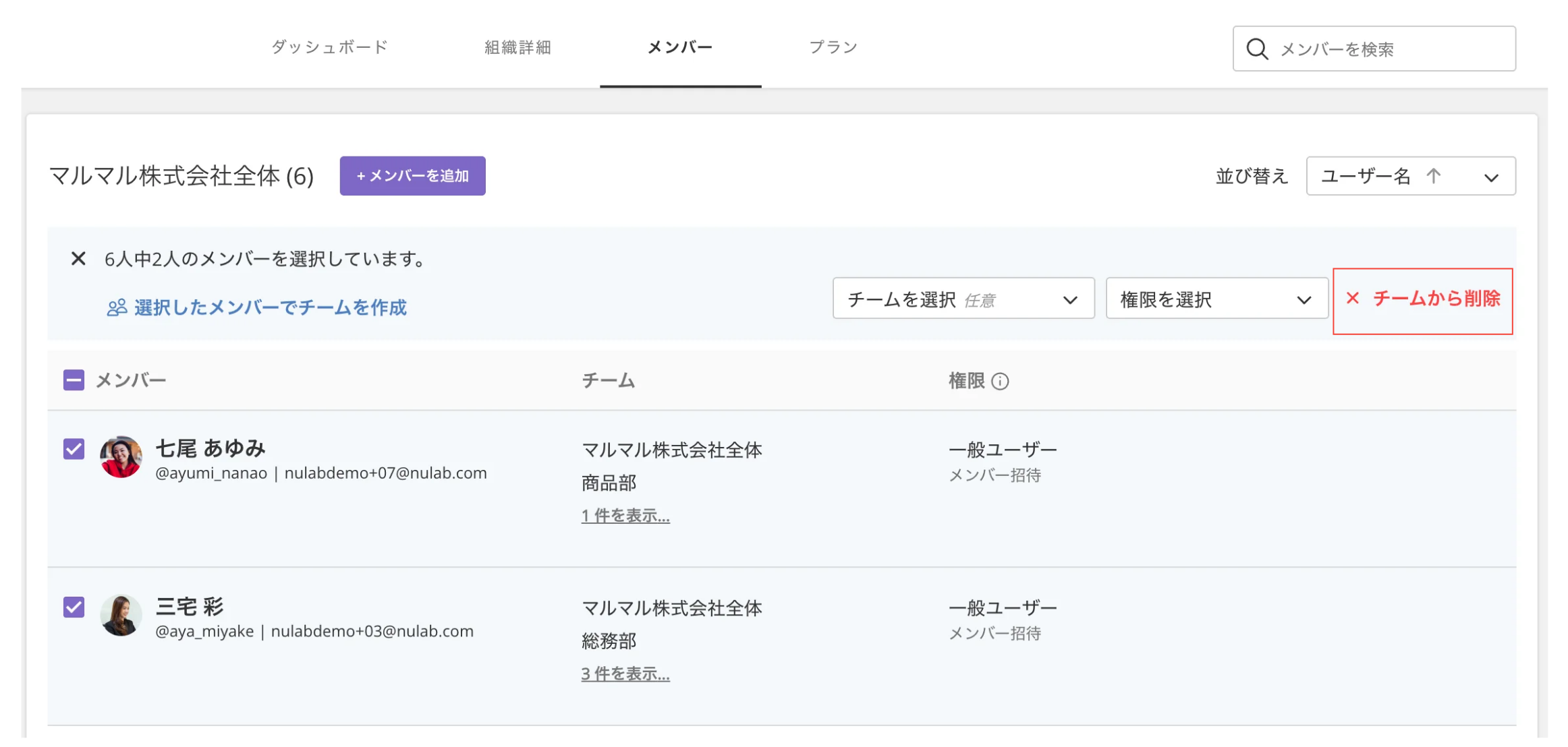 組織設定で、「（組織名）全体」チームのメンバー一覧が表示されている状態のスクリーンショット。数名のメンバーにチェックが入っており、「チームから削除」が強調されている。