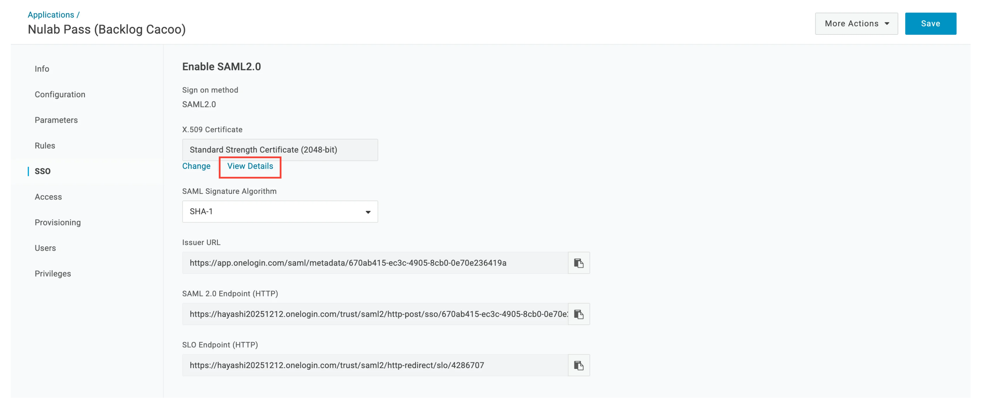 OneLoginの管理画面のスクリーンショット。