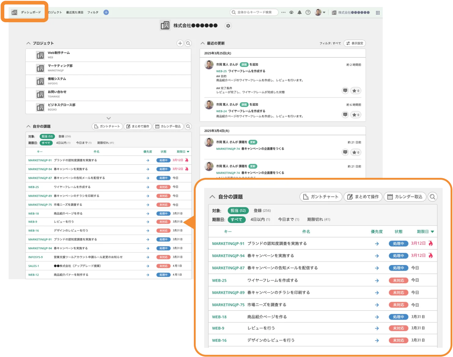 Backlogで「ダッシュボード」が表示されている状態のスクリーンショット。「自分の課題」がクローズアップされている。
