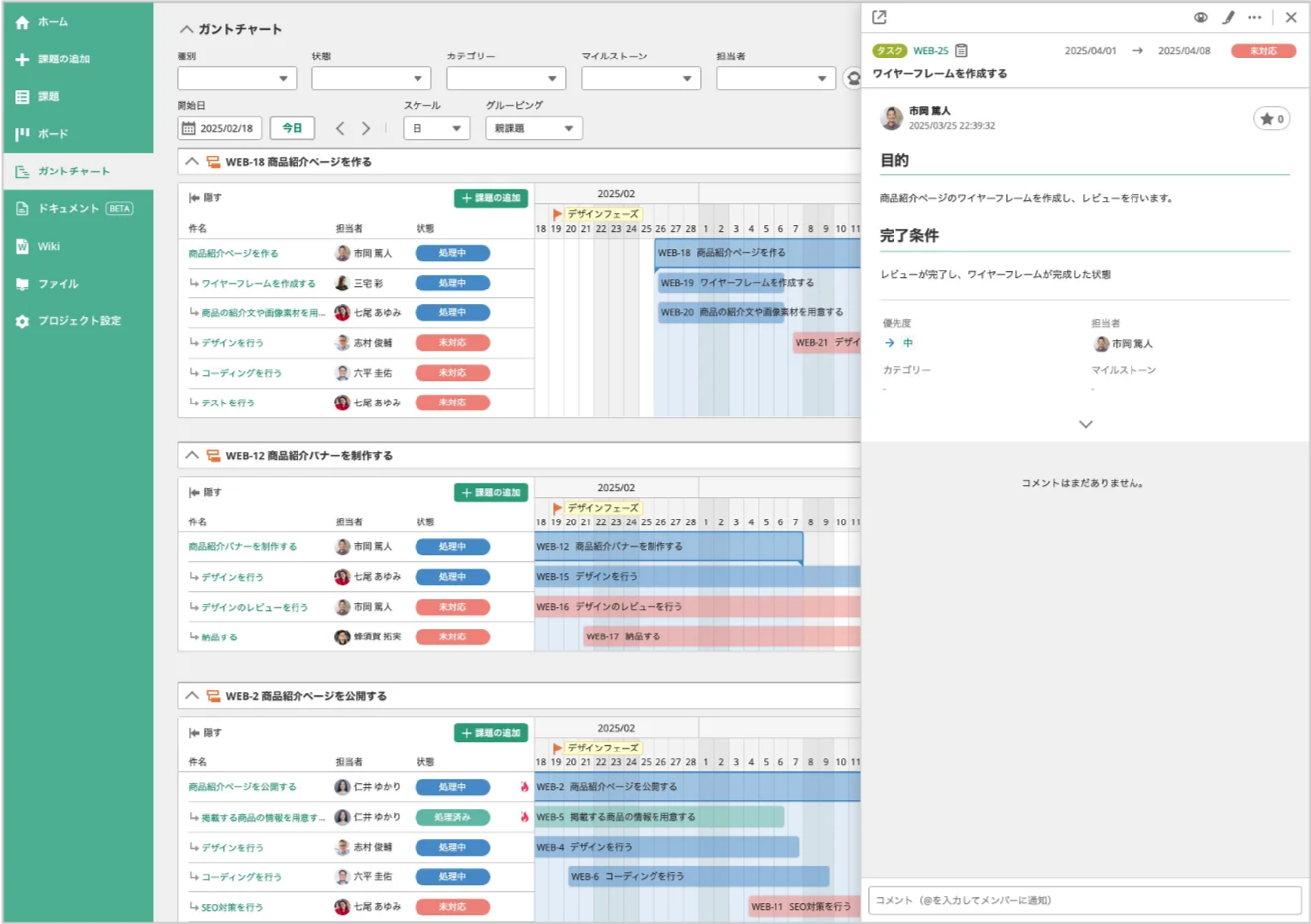 Backlogで、「ガントチャート」が表示された状態のスクリーンショット。