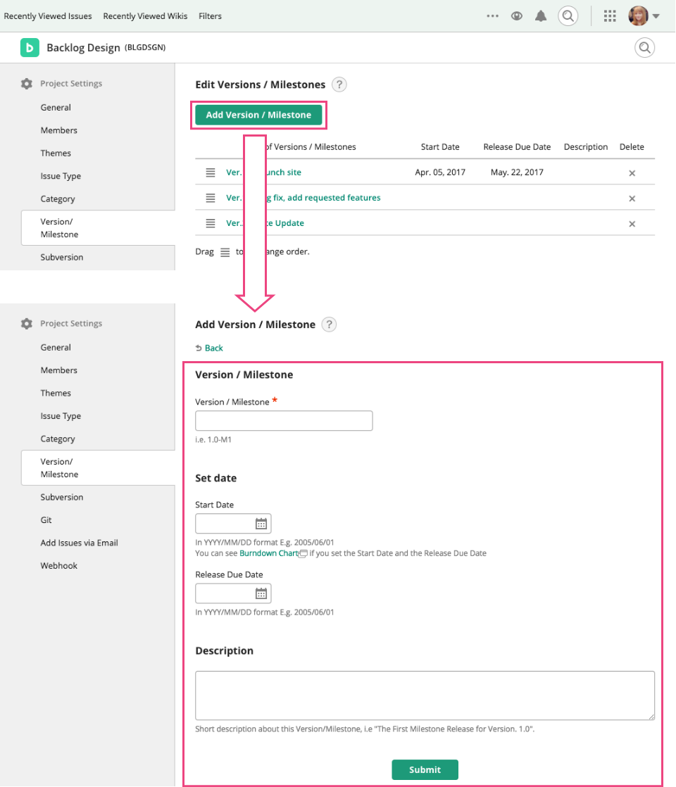 Add Versions/Milestones | Backlog