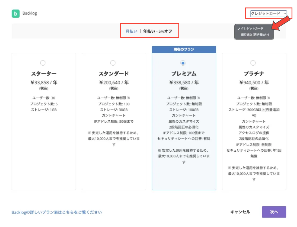 組織設定の正式登録でBacklogのプラン一覧が表示されているスクリーンショット。「銀行振込(請求書払い)」のタブが選択されており、スターター、スタンダード、プレミアム、プラチナの4つのプランが表示されている。