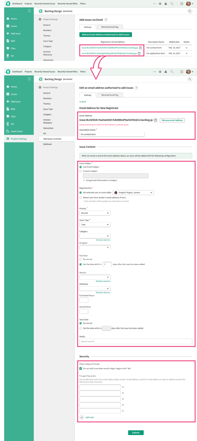 Edit an email address authorized to add issues | Backlog