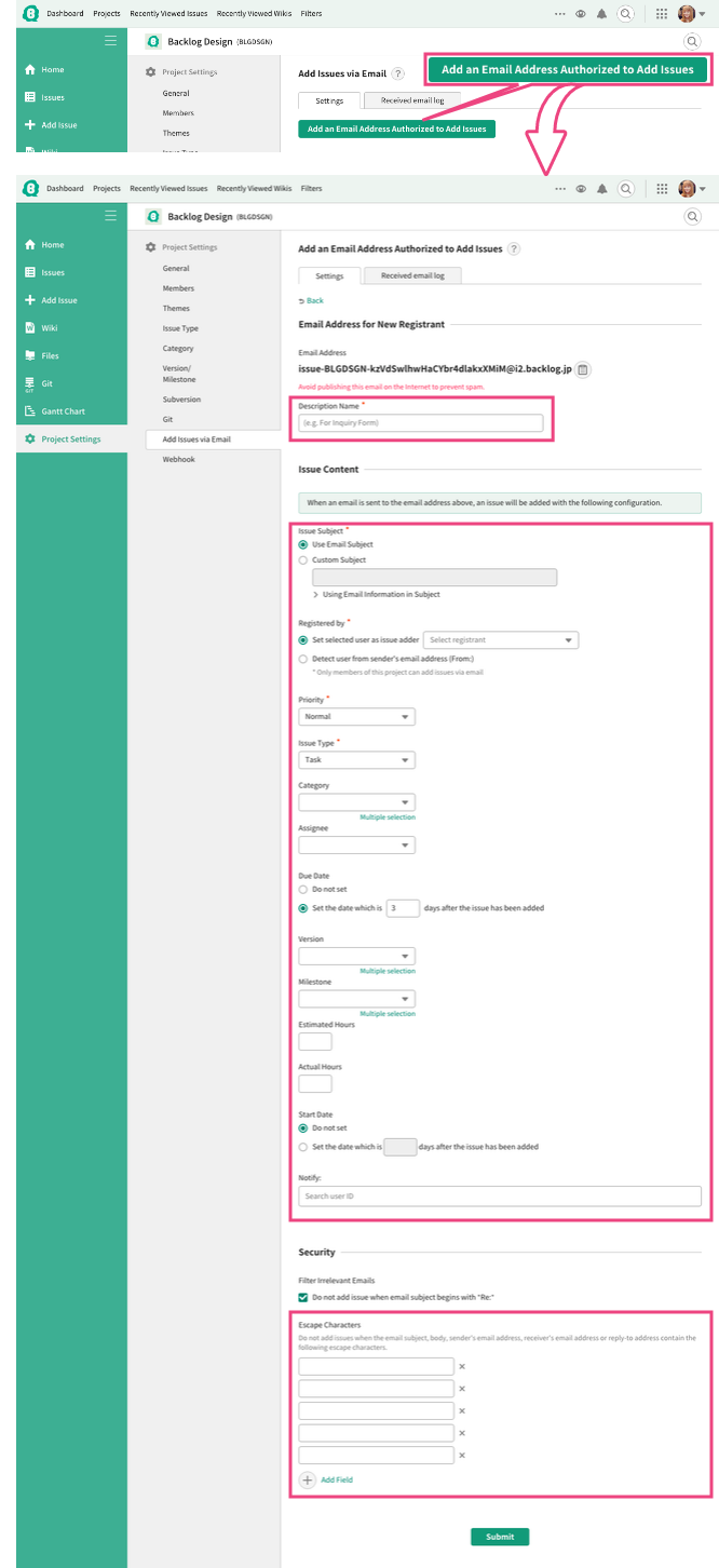 Add an email address authorized to add issues | Backlog