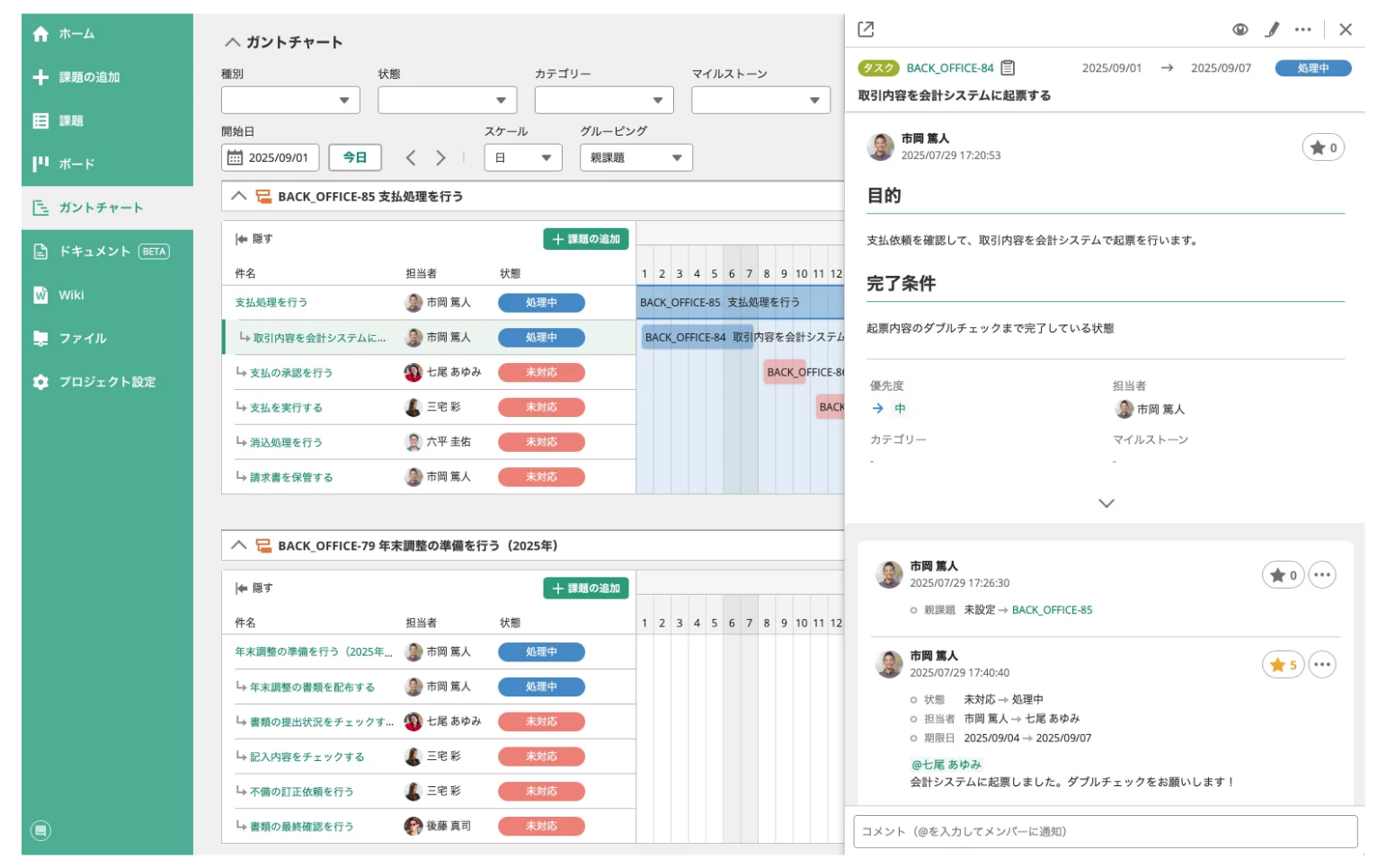 Backlogで、「ガントチャート」が表示された状態のスクリーンショット。