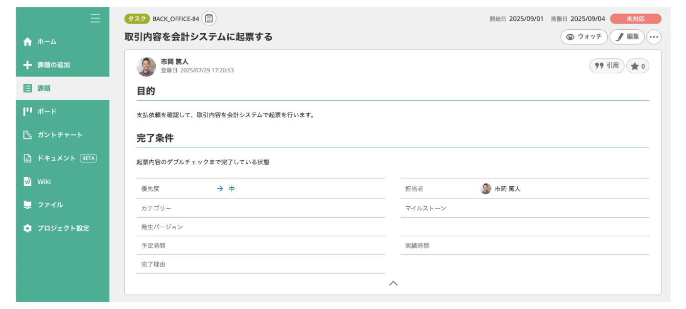 Backlogの「課題」で、課題の追加が完了した状態のスクリーンショット。