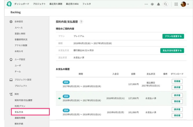 契約内容/支払履歴 | プロジェクト管理ツールBacklog
