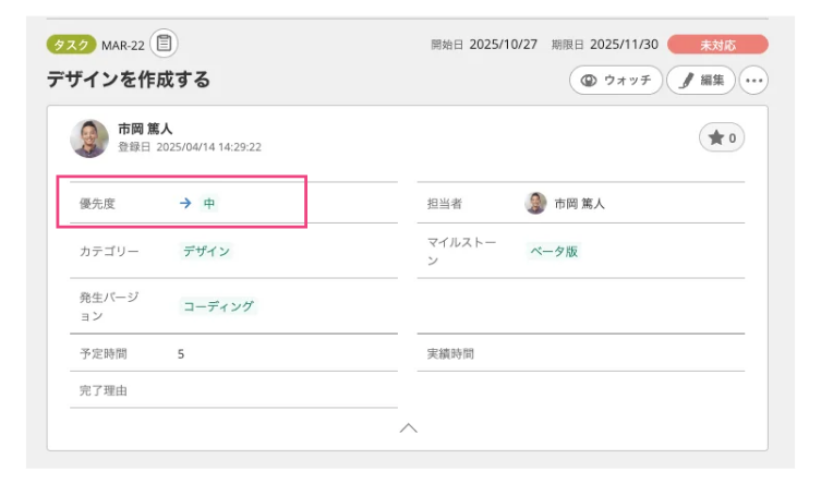 Backlogの詳細画面にて優先度の場所がどこかを強調したスクリーンショット