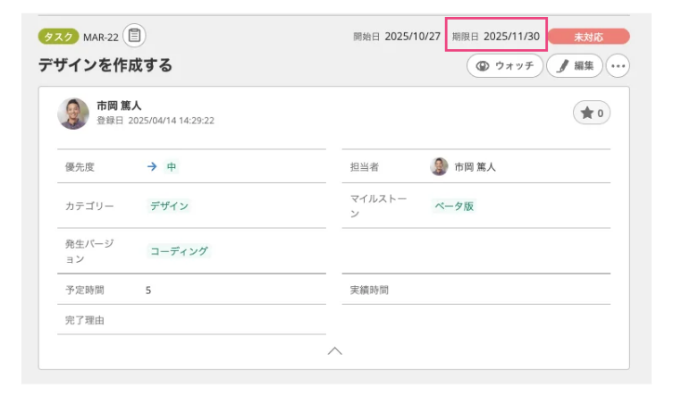 Backlogの詳細画面にて期限日の場所がどこかを強調したスクリーンショット