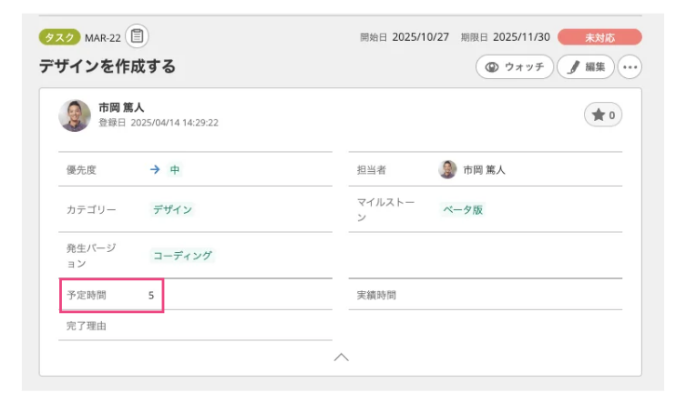 Backlogの詳細画面にて予定時間の場所がどこかを強調したスクリーンショット