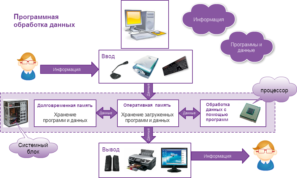Ход информации. Схема обработки информации в информатике. Обработка информации с помощью ПК. Программная обработка данных схема. Современные средства обработки информации.