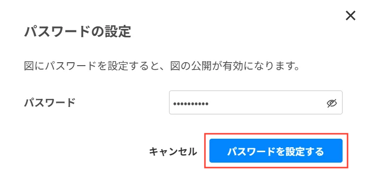 Cacooのエディターでパスワードの設定ダイアログを表示した状態のスクリーンショット。「パスワードを設定する」が強調されている。