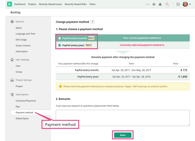 Change Payment Method or Contract Duration | Backlog