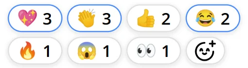 Cacooの付箋に追加されたリアクションのみを表示した状態のスクリーンショット。リアクションの横にそれぞれ何人がリアクションしたかを表示する数字が並んでいる。自分が追加したリアクションが青い線で囲まれて表示されている。