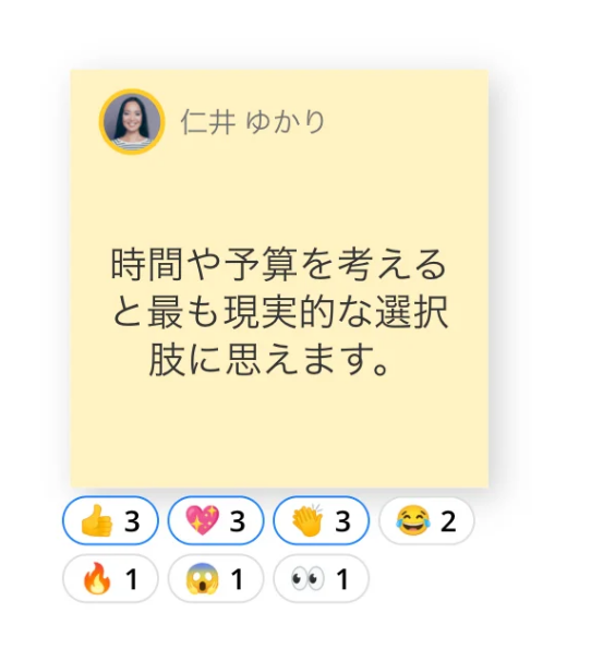Cacooの付箋と付箋に追加されたリアクションを表示した状態のスクリーンショット。リアクションの横にそれぞれ何人がリアクションしたかを表示する数字が並んでいる。自分が追加したリアクションが青い線で囲まれて表示されている。