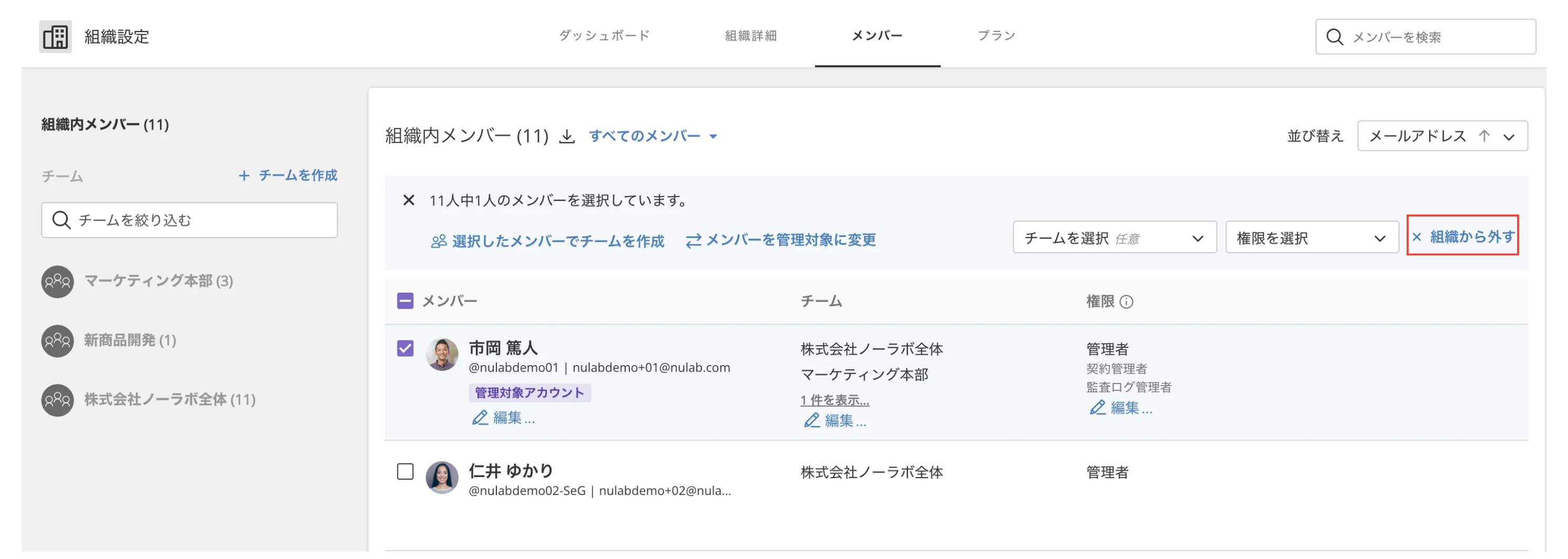 組織設定で、組織内メンバーが表示されている状態のスクリーンショット。管理対象アカウントにチェックが入っており、「組織から外す」が強調されている