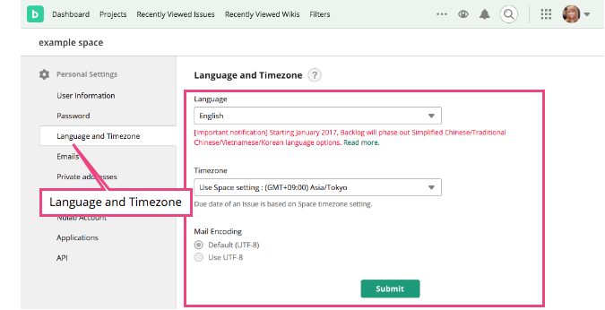 Language and Timezone Setting | Backlog