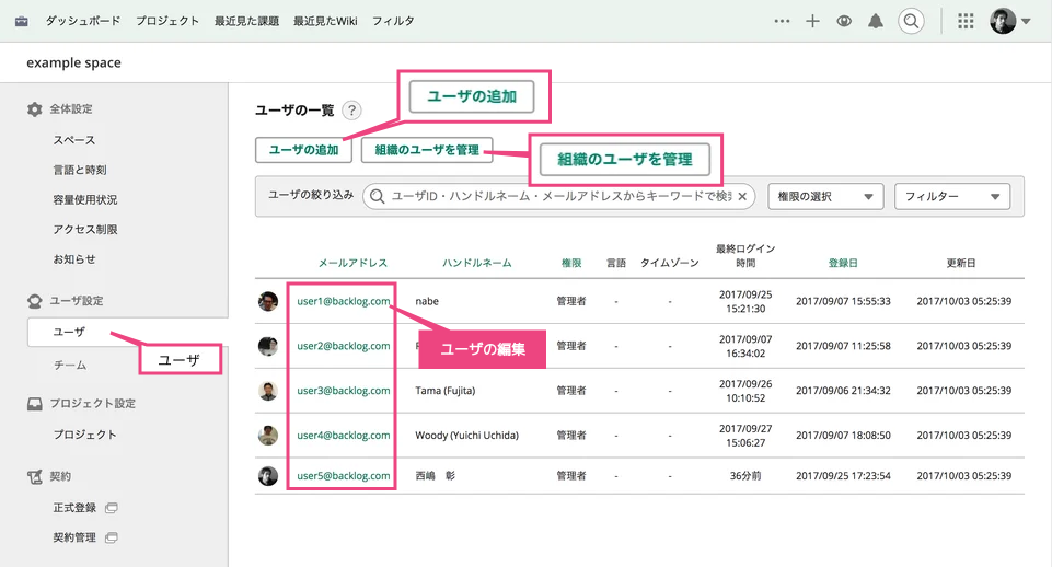 ユーザーの追加 編集 削除 Backlog ヘルプセンター