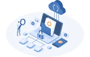 クラウドベースのセキュアなファイル管理を表すアイソメトリックイラスト。ノートパソコンを中心に、ファイル、フォルダー、セキュリティロック、クラウド、検索用ルーペが描かれている。