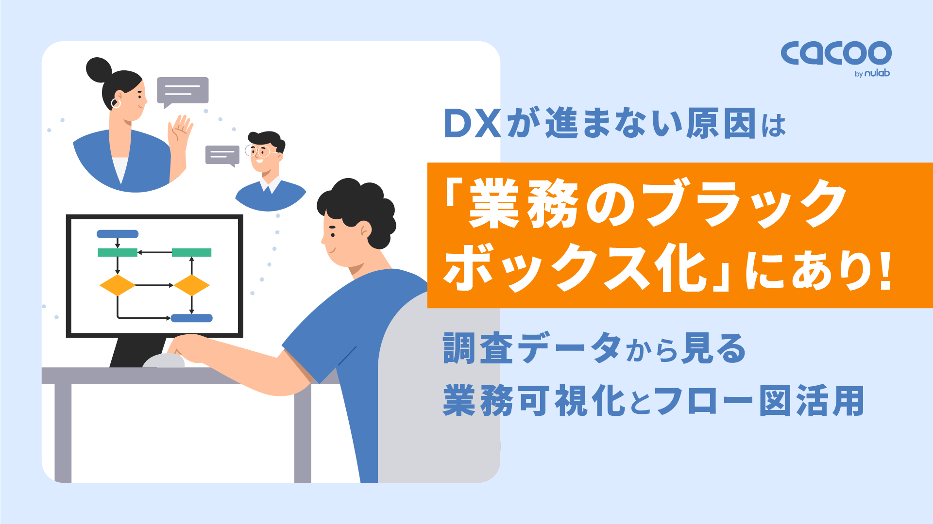 資料「DXが進まない原因は『業務のブラックボックス化』にあり！調査データから見る業務可視化とフロー図活用」の表紙。