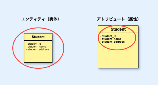 左：エンティティ（実体）、右：アトリビュート（属性）