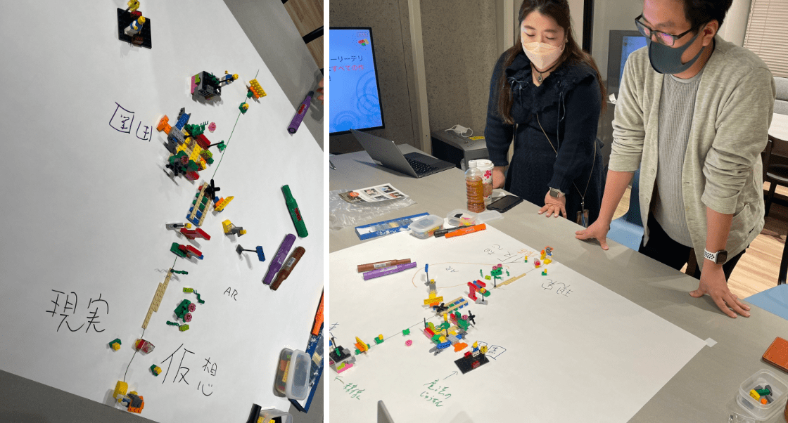 それぞれが組み立てたレゴブロックでコラボレーションする様子