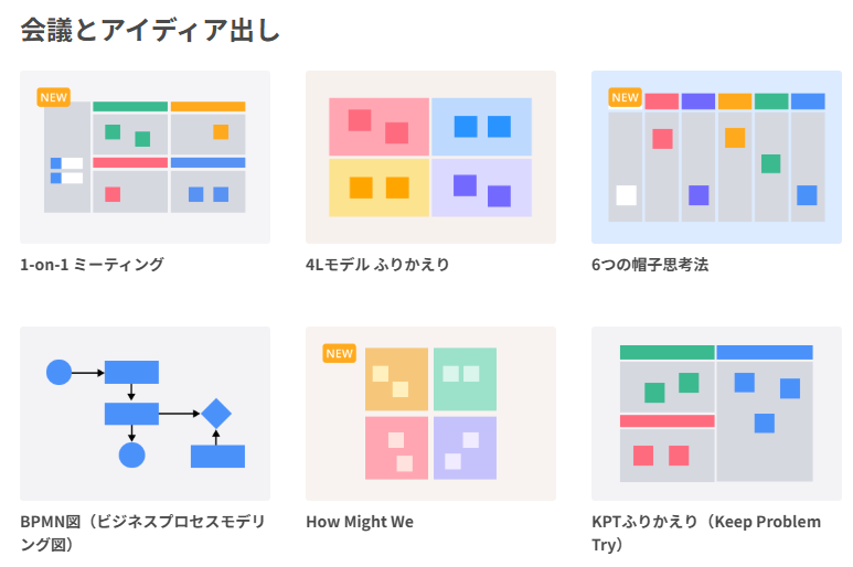 Cacooのテンプレート一覧のキャプチャ画像「会議とアイデア出し」カテゴリー