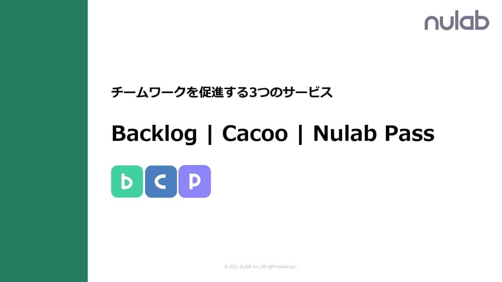 チームワークを促進する3つのサービス Backlog | Cacoo | Nulab Pass 紹介資料の表紙です。