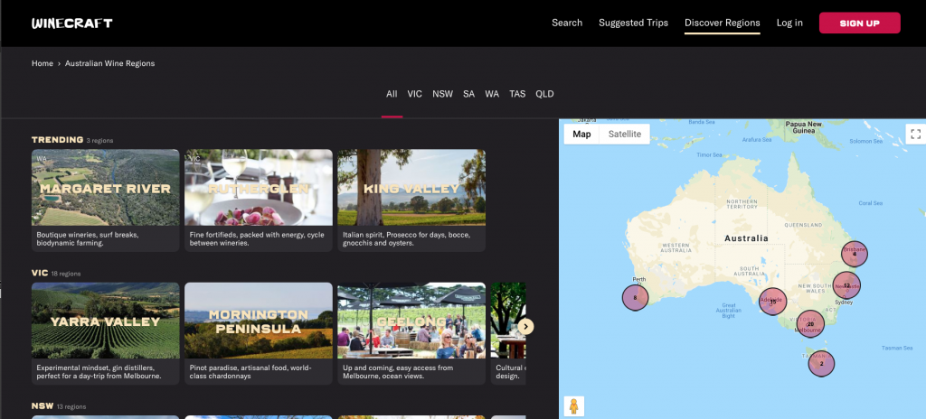 Winecraft website page showing wine regions